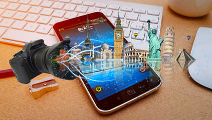 Famous monuments of the world going out of a mobile phone