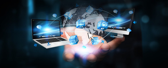 Obraz premium Tech devices and icons connected to digital planet earth