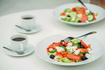 Tasty healthy food with hot drink