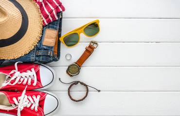 Clothing and accessories on white background