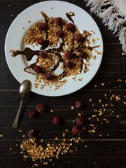 Гранола из овсяных хлопьев политая шоколадом на завтрак