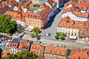 Fototapeta na wymiar Novi square and fountain in Ljubljana aerial
