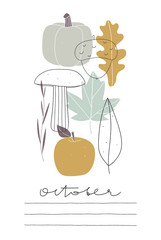 Hand drawn autumn illustration. Seasonal vector card. Fall set of leaves, pumpkin, apple and mushroom