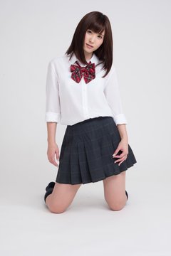 女子高校の制服を、女性モデルが来ています。モデルは成人です。写っている制服は、夏服です。