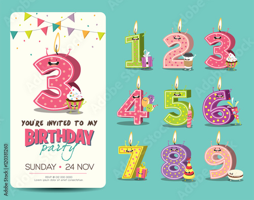 Birthday Anniversary Numbers Candle With Funny Character Birthday Party Invitation Card Template Wall Mural Graphicstore