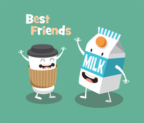Funny Milk and cup of coffee. Vector cartoon. Comic characters. Breakfast