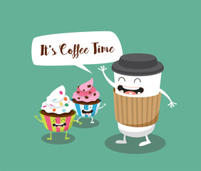 Coffee and Cupcakes illustration. It's Coffee Time. Vector cartoon. Comic characters