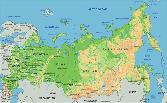 High detailed Russia physical map with labeling.