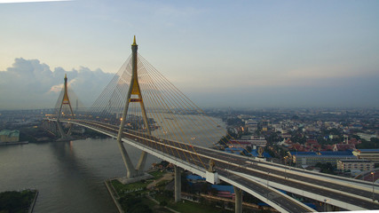 Fototapeta na wymiar aerial view of bhumiphol bridge crossing chaopraya river importa