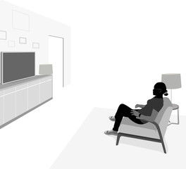 Side view young woman watching TV vector silhouette people scene background