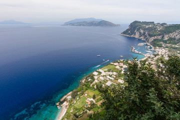 Panoramic view with sea and coastal buildings. Typical summer da