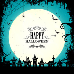 Vector Illustration of a Happy Halloween Design with Abstract City and Full Moon