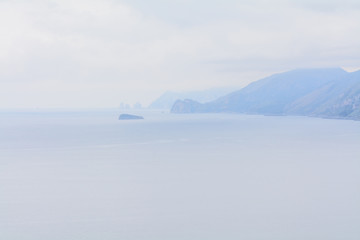 Panoramic view of blue white sea. Horizontal view with coastal f