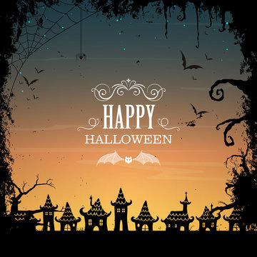Vector Illustration of a Happy Halloween Design with Abstract City and Full Moon