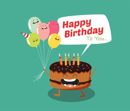 Happy birthday Funny cake and balloon. Vector illustration. Comic characters