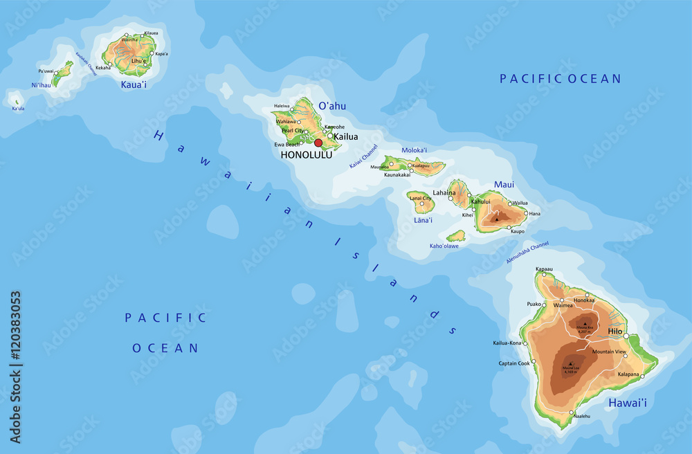 Wall mural High detailed Hawaii physical map with labeling.