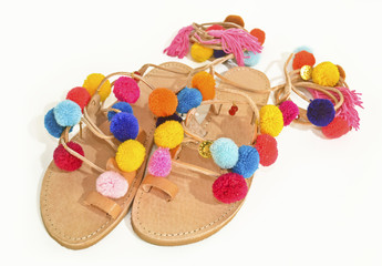stylish greek leather sandals with pom pom - fashion shoes advertisement