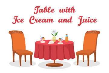 Cartoon Served Table with Ice Cream, Juice, Flower, Two Chairs, Isolated on White Background. Eps10, Contains Transparencies. Vector