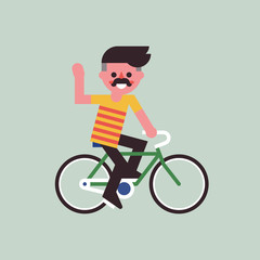 Young man riding on bike and friendly smiling. Cool trendy illustration in flat design. Vector.
