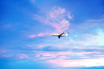 Fototapeta na wymiar airplane in a beautiful sunset sky. Travel, vacation concept