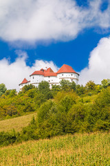 Fototapeta premium Countryside landscape in Zagorje, Croatia, with old castle Veliki Tabor on hill 