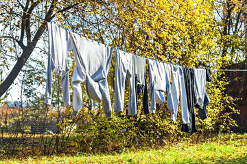 Clothes drying on a rope between trees in the autumn