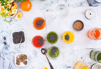 Overhead of Colorful Smoothies in glass jar