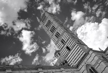 Siena, Assunta Cathedral’s bell tower. Black and white photo