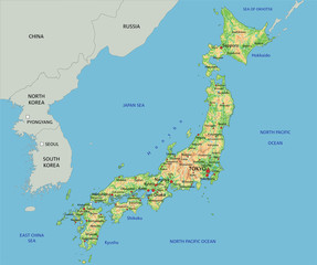 High detailed Japan physical map.