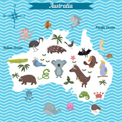 Cartoon map of Australia continent with different animals.