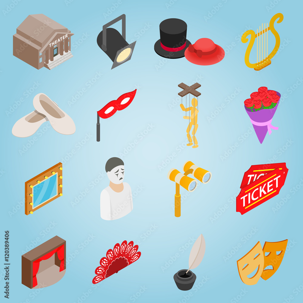 Poster isometric theatre icons set. universal theatre icons to use for web and mobile ui, set of basic thea