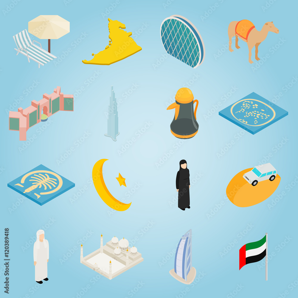 Poster isometric uae icons set. universal uae icons to use for web and mobile ui, set of basic uae elements