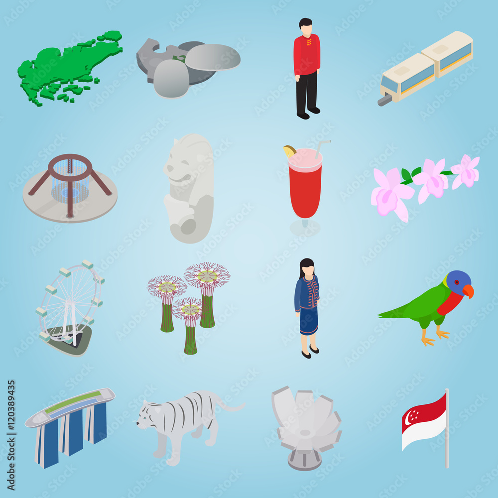 Poster isometric singapore icons set. universal singapore icons to use for web and mobile ui, set of basic 