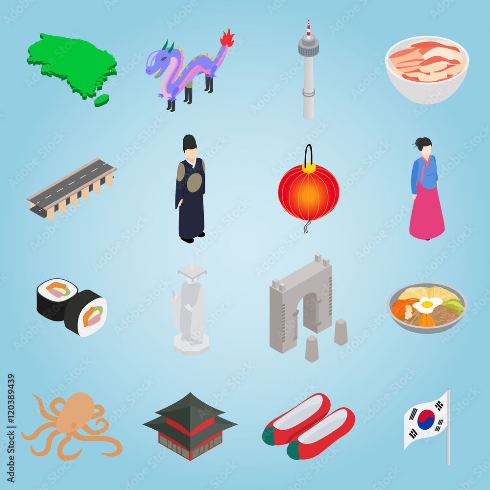 Aufkleber isometric south korea icons set. universal south korea icons to use for web and mobile ui, set of ba
