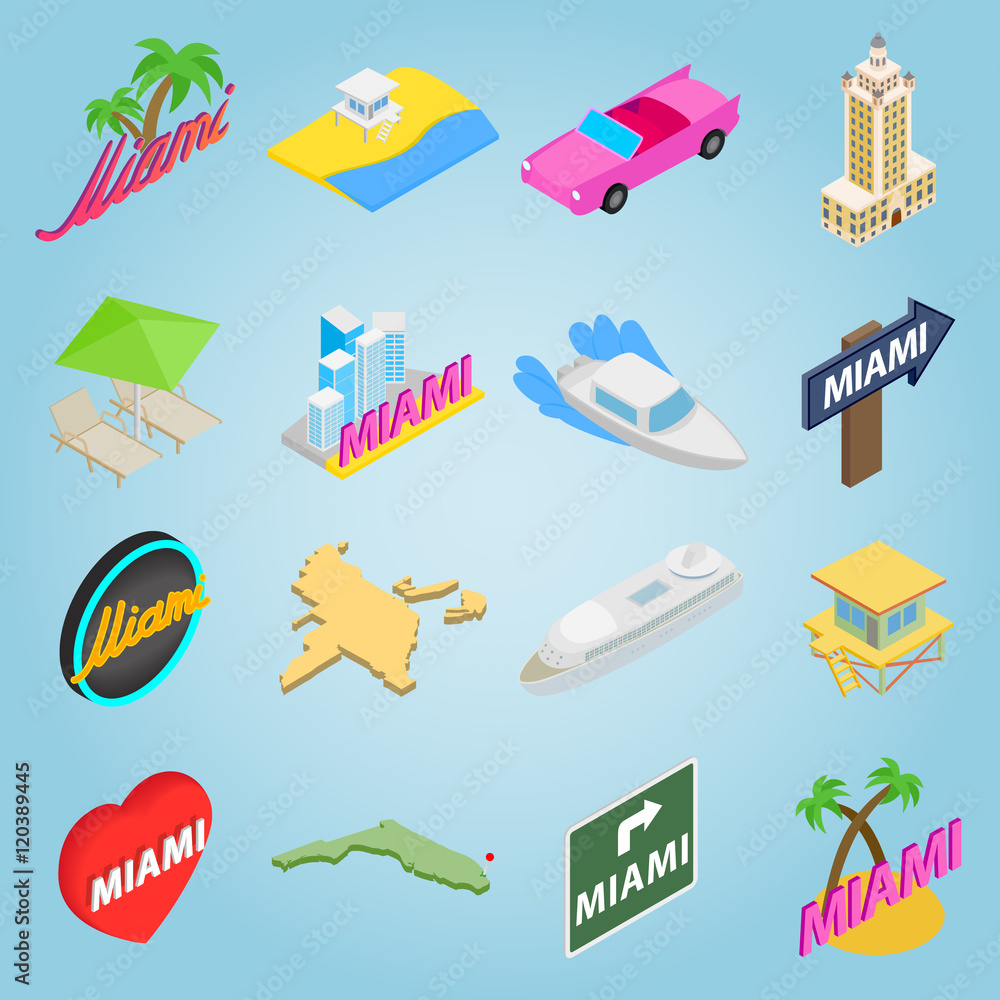 Poster isometric miami icons set. universal miami icons to use for web and mobile ui, set of basic miami el