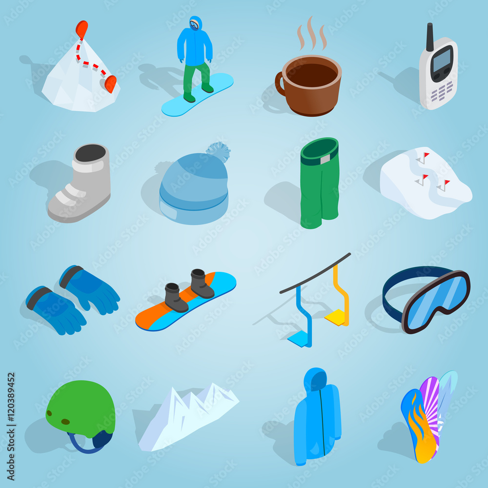 Poster isometric snowboard icons set. universal snowboard icons to use for web and mobile ui, set of basic 