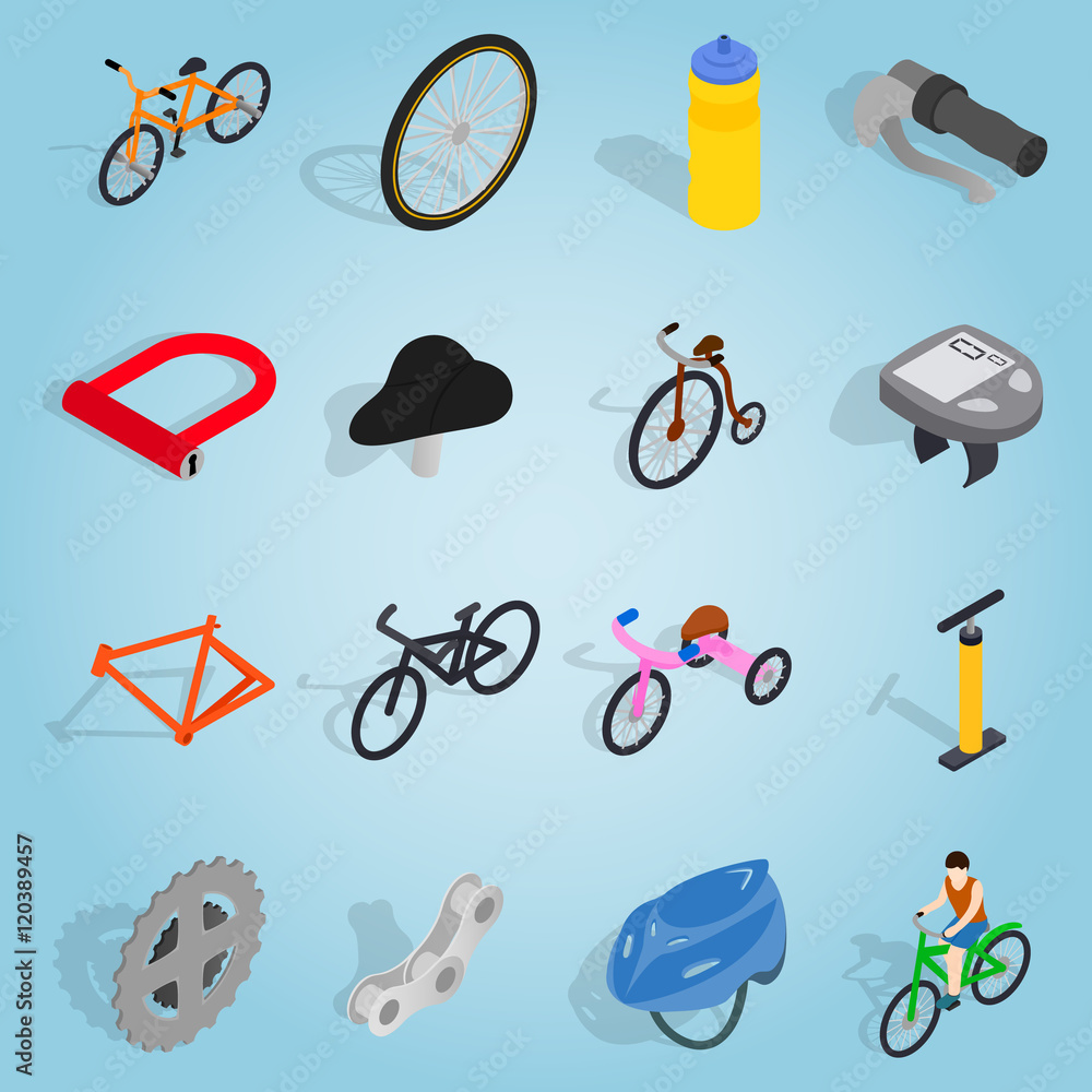 Poster isometric bicycle icons set. universal bicycle icons to use for web and mobile ui, set of basic bicy