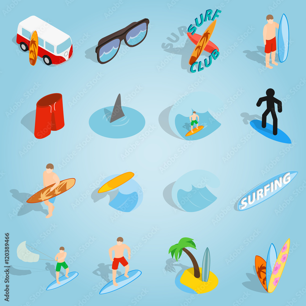 Poster isometric surfing icons set. universal surfing icons to use for web and mobile ui, set of basic surf