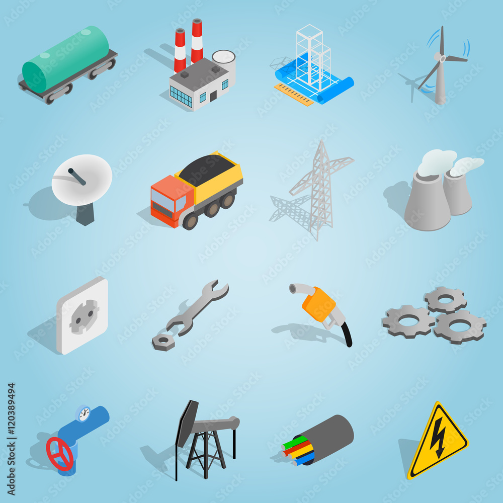 Poster isometric industrial icons set. universal industrial icons to use for web and mobile ui, set of basi