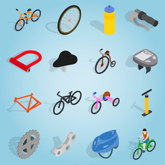 Isometric bicycle icons set. Universal bicycle icons to use for web and mobile UI, set of basic bicycle elements vector illustration