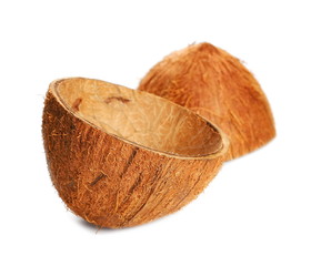 Coconut fruit shell cut in half isolated on white background