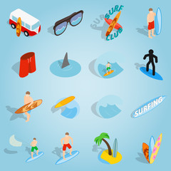 Isometric surfing icons set. Universal surfing icons to use for web and mobile UI, set of basic surfing elements vector illustration
