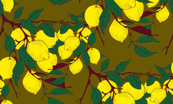 lemon tree branch seamless pattern in dark yellow and green shades