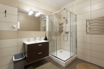 Shower and sink in bathroom