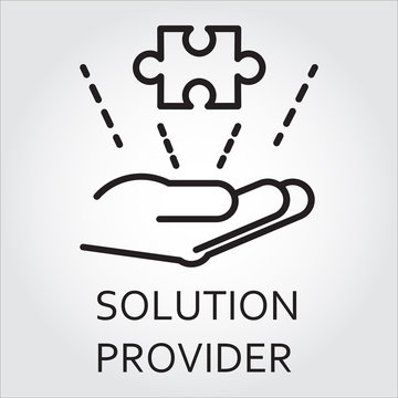 Black Flat Line Vector Icon With A Picture Of Solution Provider As Hand Giving Puzzle On White Background.