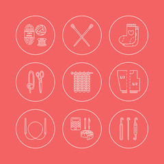 Knitting. Modern vector line icons set of knitting and crochet. Knitting elements: yarn, knitting needle, knitting hook, pin and others. Outline knitting symbol collection invitations, notes, stores