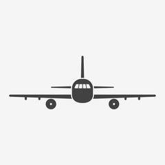 Airplane monochrome icon. Aircraft silhouette on white background. Vector illustration.