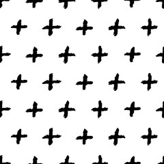Plus signs seamless pattern. Seamless pattern with hand drawn cross shapes. Charcoal doodles. Black charcoal texture.