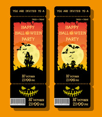 Set of Halloween ticket or flyer on holiday party with pumpkin, scary trees, moon and monster bats on orange gradient background. Letters from bones. Cartoon style. Vector illustration