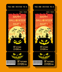 Set of Halloween ticket or flyer on holiday party with pumpkin, scary trees, moon and monster bats on orange gradient background. Letters from bones. Cartoon style. Vector illustration